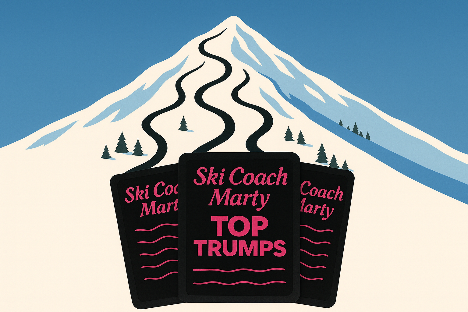 Ski Coach Marty Top Trumps cards displayed in front of a snowy mountain with winding black ski tracks